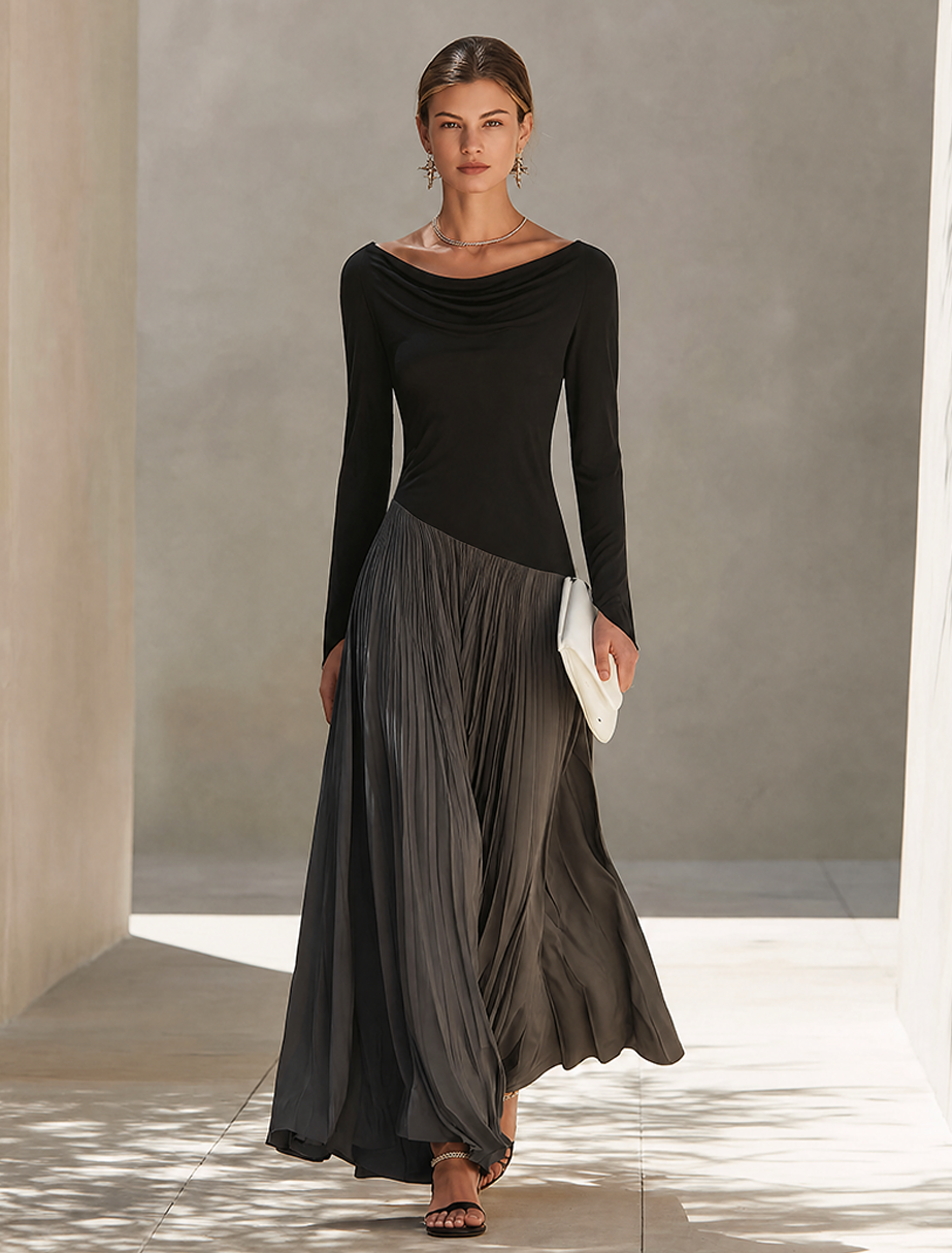 Holiday dress for women with black long sleeve bodice and gray pleated maxi skirt - view 4