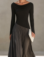 Holiday dress for women with black long sleeve bodice and gray pleated maxi skirt - view 5