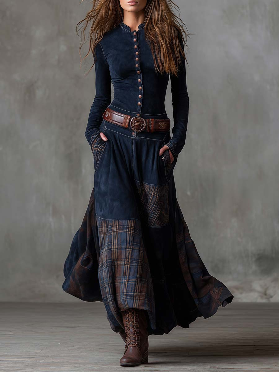 Navy long sleeve maxi dress with button-front bodice and plaid patchwork skirt