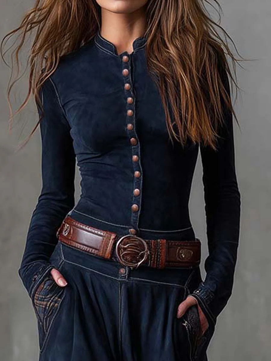 Navy long sleeve maxi dress with button-front bodice and plaid patchwork skirt - view 2