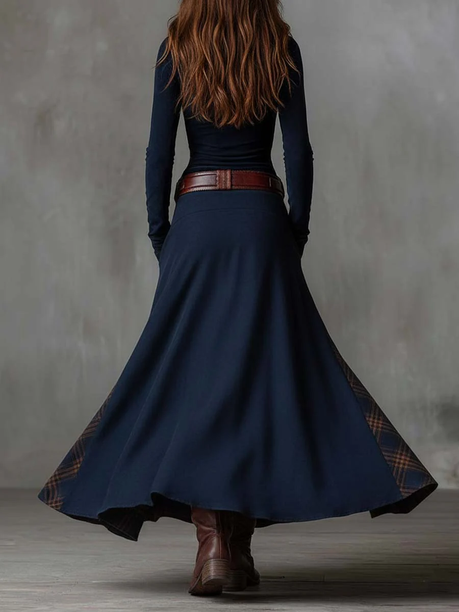 Navy long sleeve maxi dress with button-front bodice and plaid patchwork skirt - view 3
