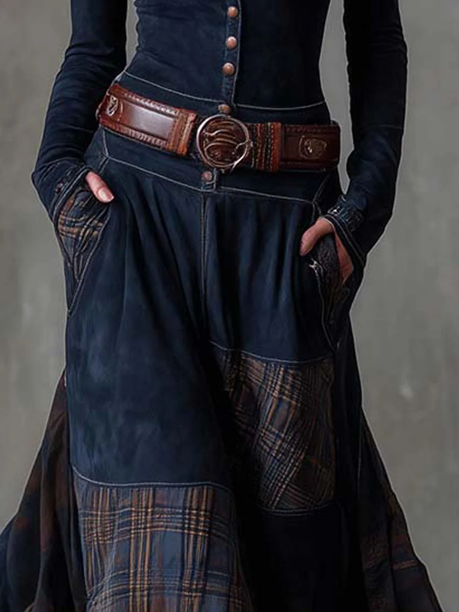 Navy long sleeve maxi dress with button-front bodice and plaid patchwork skirt - view 4
