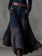 Navy long sleeve maxi dress with button-front bodice and plaid patchwork skirt - view 5