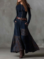 Navy long sleeve maxi dress with button-front bodice and plaid patchwork skirt - view 6
