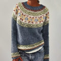 Women's patterned knit sweater with Fair Isle yoke, stripes or sheep motif worn with jeans - view 4
