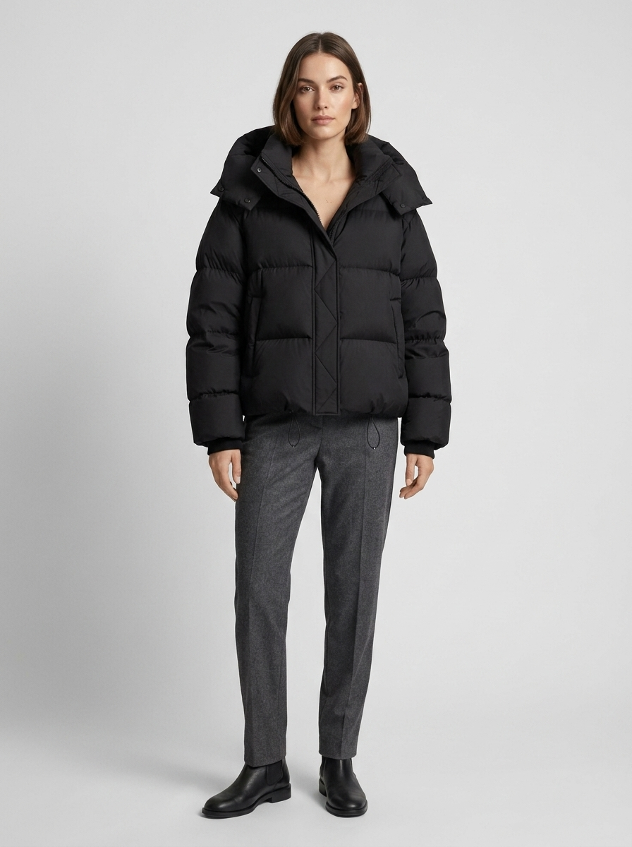 Oversized hooded puffer jacket for women with quilted channels and toggle hem - view 2