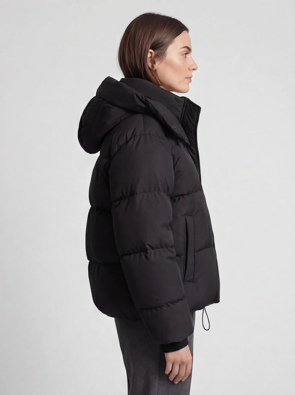 Oversized hooded puffer jacket for women with quilted channels and toggle hem - view 3