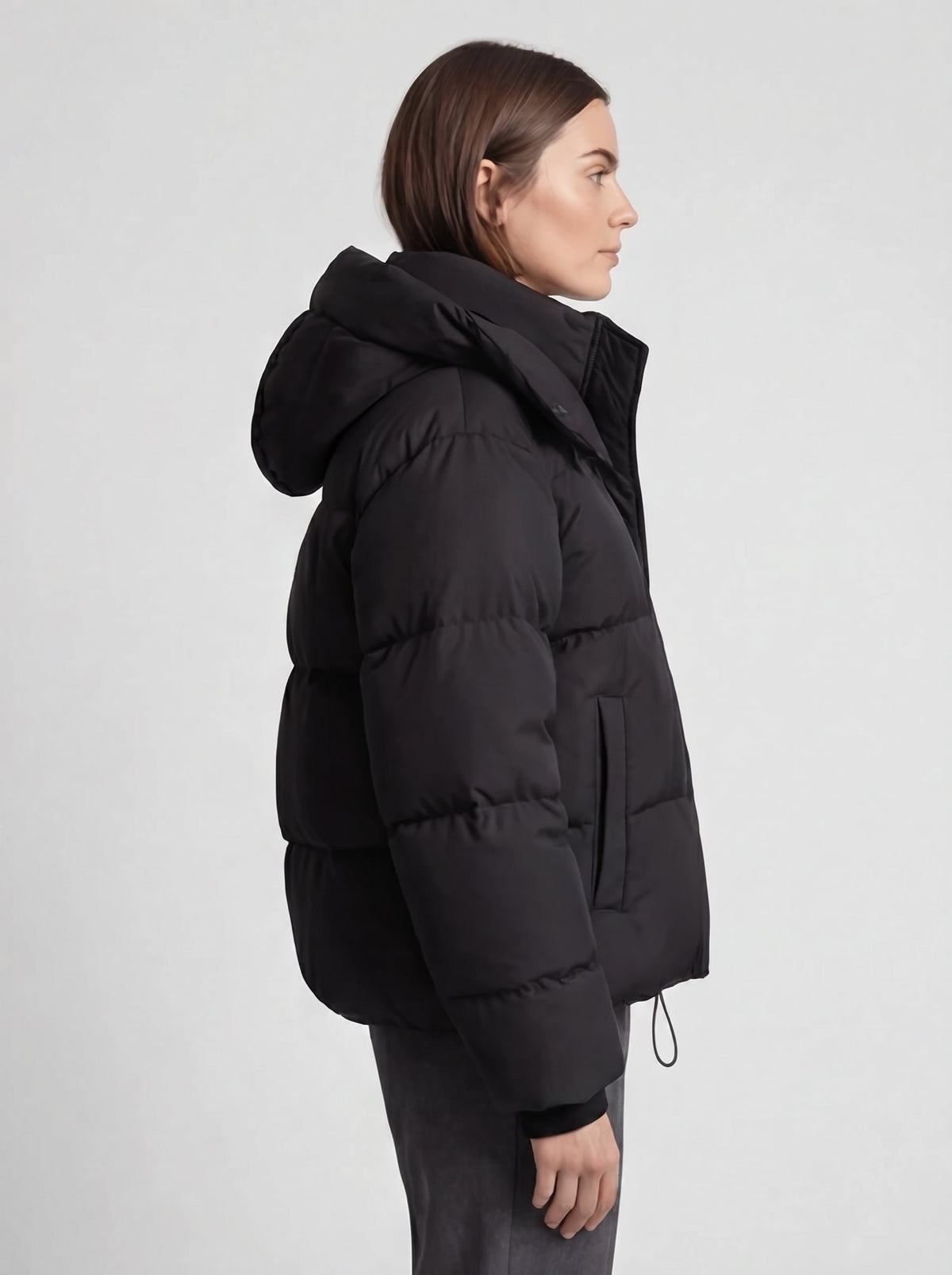 Oversized hooded puffer jacket for women with quilted channels and toggle hem - view 3