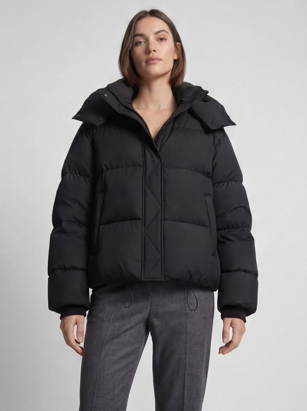 Oversized hooded puffer jacket for women with quilted channels and toggle hem - view 4