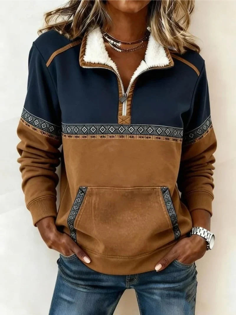 Womens quarter zip sweater with plush fold-down collar, navy and brown color-block panels and geometric trim