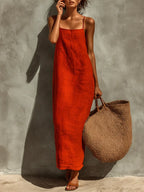 Ruby | Women's Red Cotton Dress With Spaghetti Straps & Square Neck oaklynwear