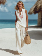 Flora | Floral Embroidered Top Wide-Leg Pants Set oaklynwear