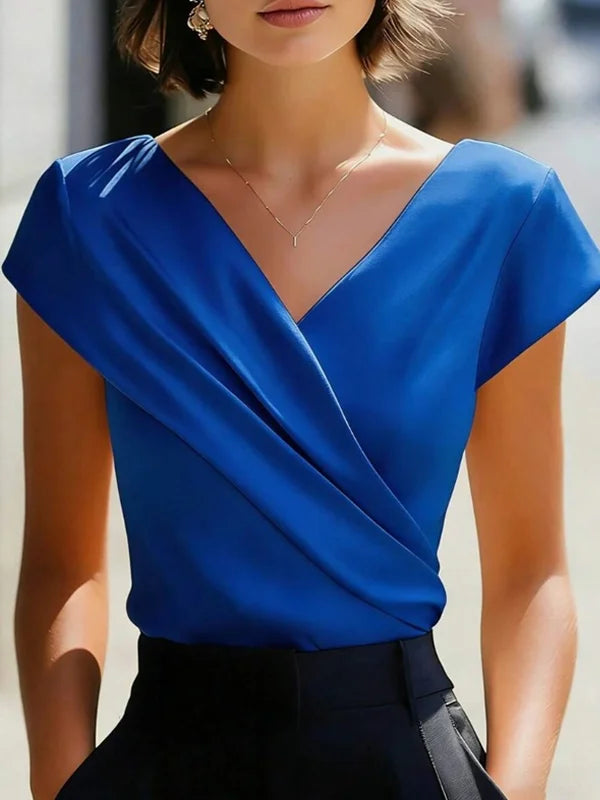 Elegant Satin Wrap V-Neck Short-Sleeve Shirt oaklynwear