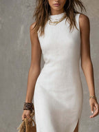 Vera | Stand Collar Split Hem Linen Midi Dress oaklynwear