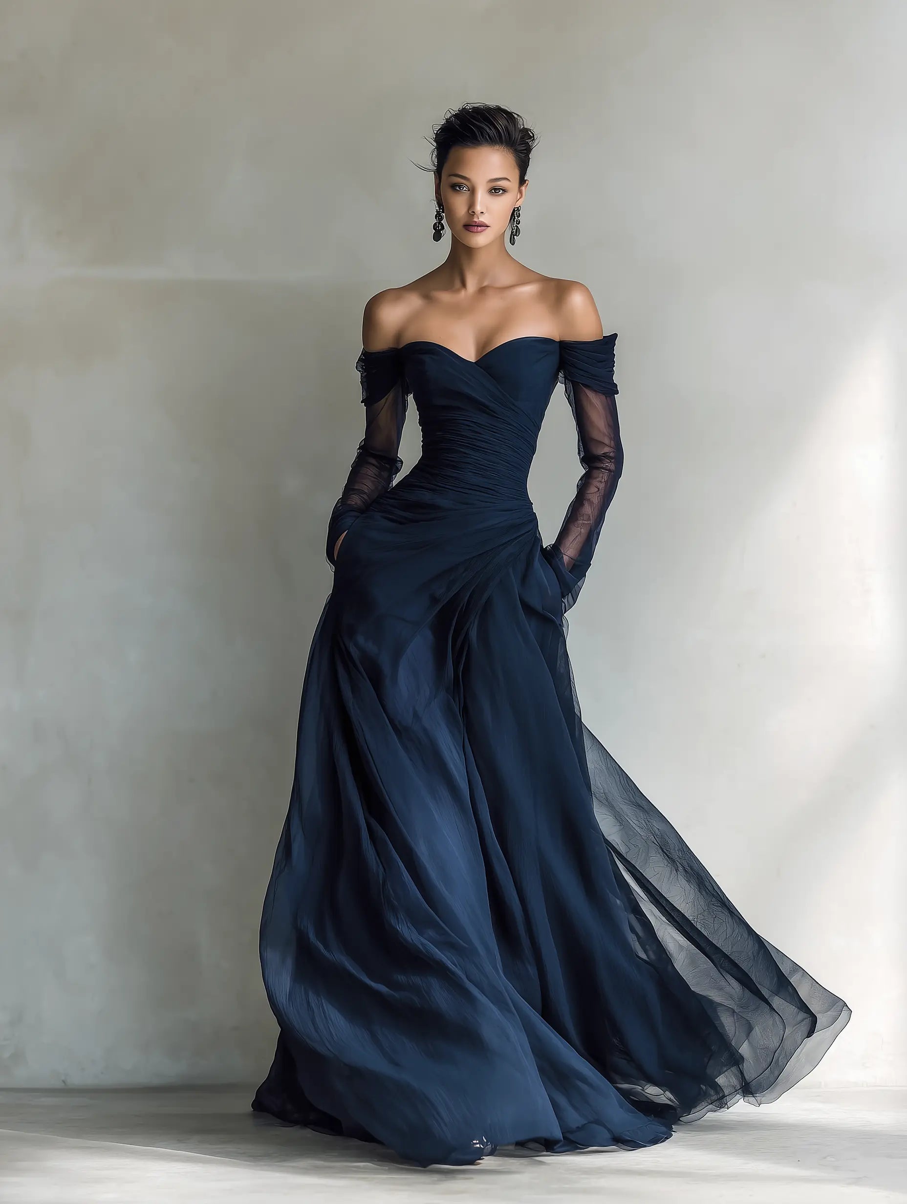 Adriana | Women's Elegant Dark Blue Chiffon Organza Off-Shoulder Long-Sleeved Fitted Maxi Dress oaklynwear