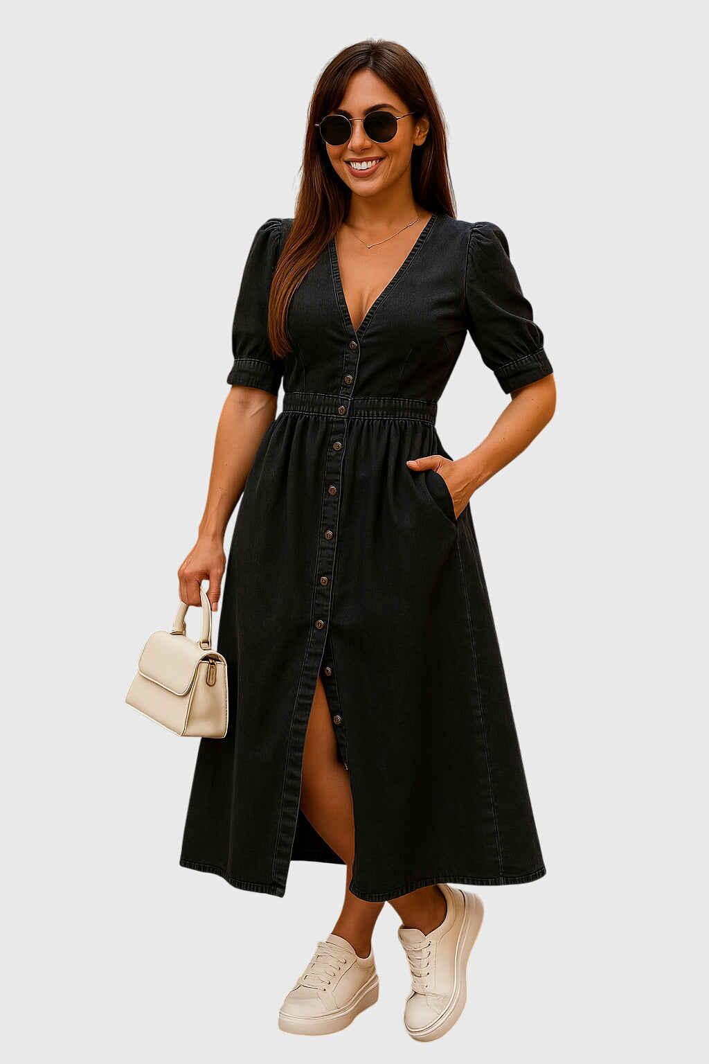 Dottie | Button-Front Puff Sleeve Denim Midi Dress oaklynwear