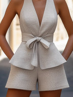 Belted Textured V-Neck Top And High-Waisted Shorts Set oaklynwear