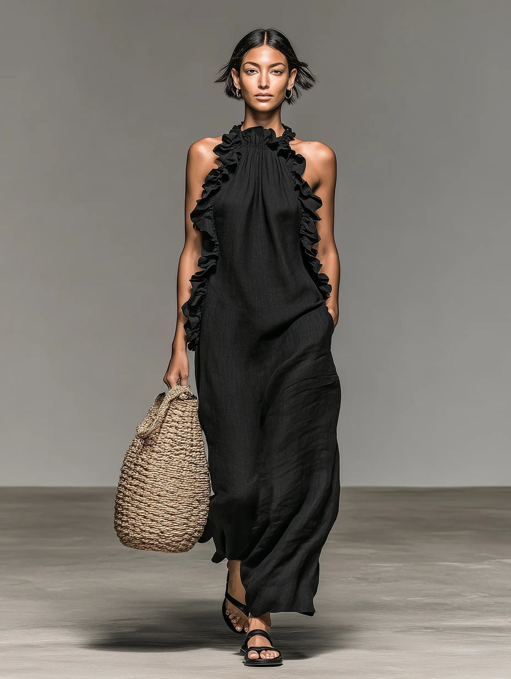 Elaine | Women's Minimalist Linen-Blend Sleeveless Maxi Dress With Ruffle Details oaklynwear