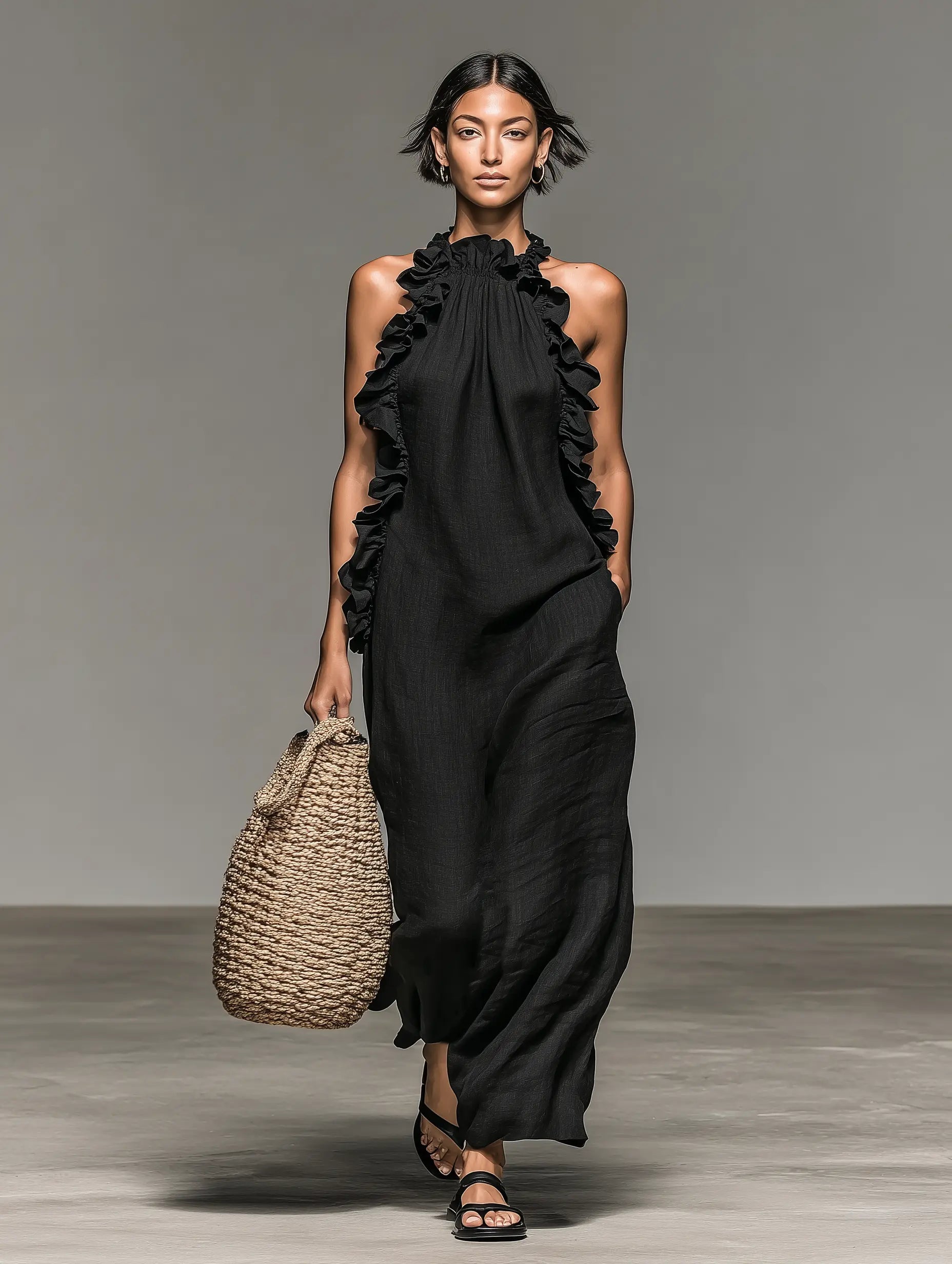 Elaine | Women's Minimalist Linen-Blend Sleeveless Maxi Dress With Ruffle Details oaklynwear
