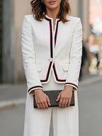 Off-White Stand Collar Contrast Piping Trim Blazer & Wide-Leg Trousers 2-Piece Suit oaklynwear