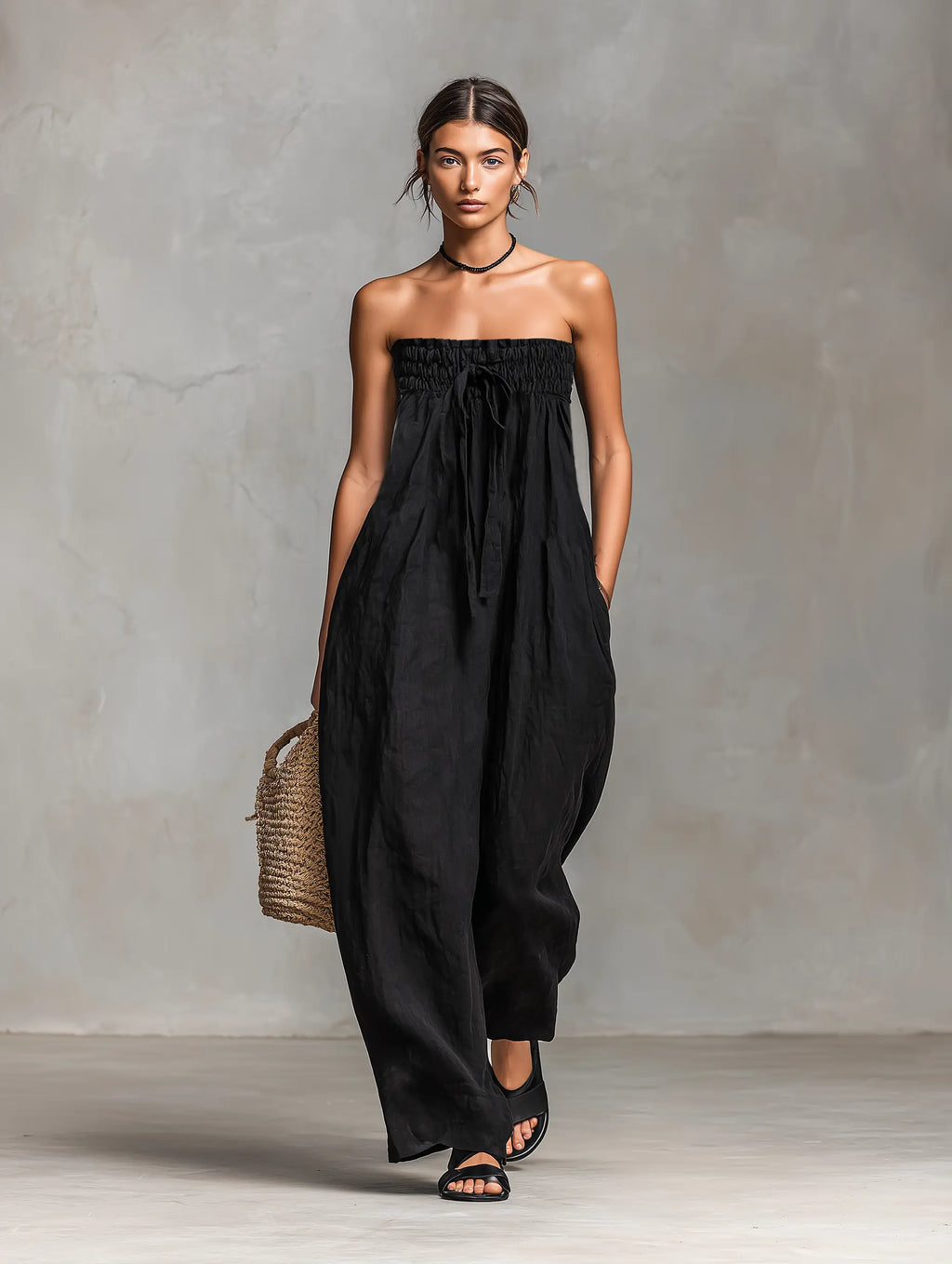 Greta | Women's Minimalist Loose-Fitting Linen Blend Strapless Jumpsuit With Tie Closure oaklynwear