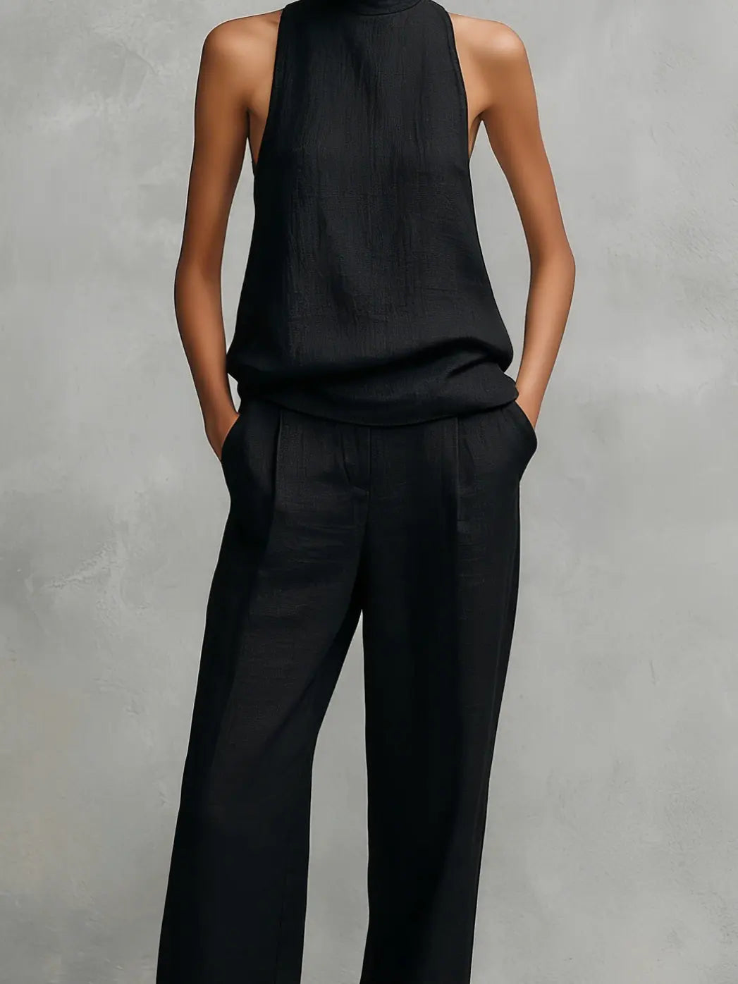 Monica | Women's Elegant Black Cotton and Linen Round-Neck Sleeveless Top and Trousers Set oaklynwear