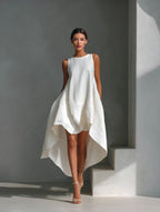 Vera | Women's White Linen Fabric Sleeveless Midi Dress With Round Neck & Asymmetric Hem oaklynwear