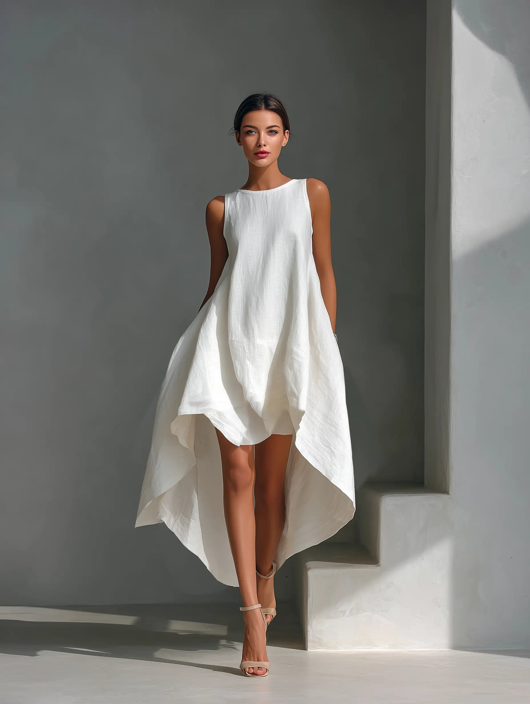 Vera | Women's White Linen Fabric Sleeveless Midi Dress With Round Neck & Asymmetric Hem oaklynwear