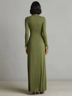 Valentina | Women's Olive Silky Stretchy Dress With Deep V-Neck & Ruched Detail oaklynwear