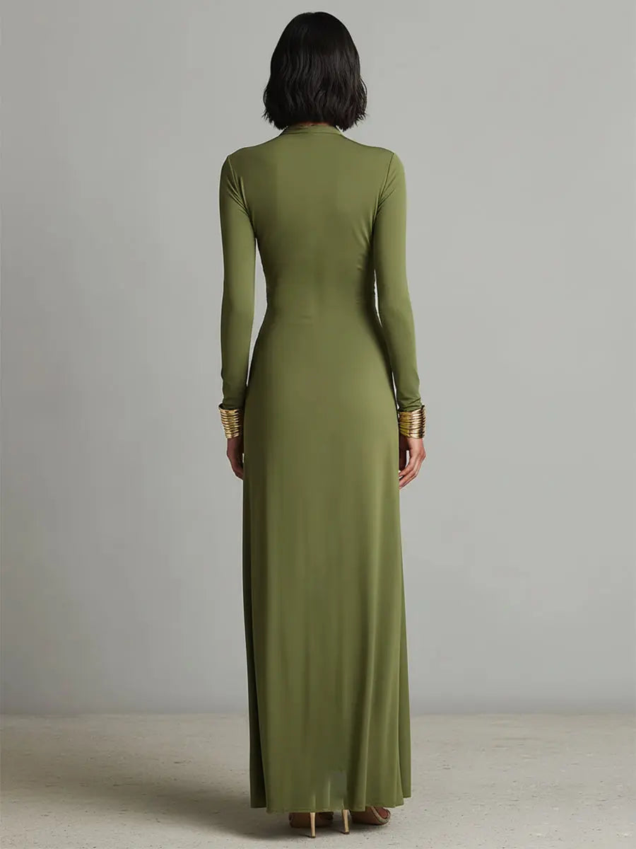 Valentina | Women's Olive Silky Stretchy Dress With Deep V-Neck & Ruched Detail oaklynwear
