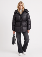 Woman in a brown quilted hooded puffer jacket with drawstring waist - view 20