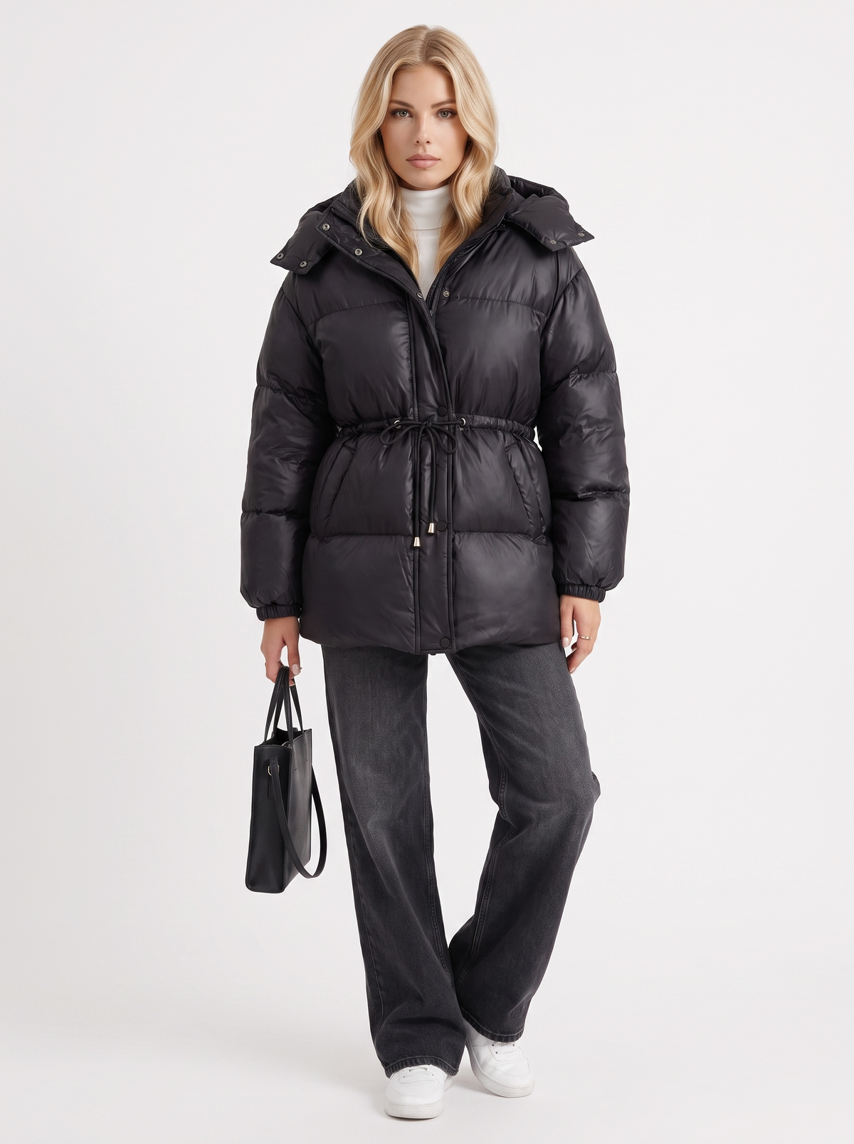 Woman in a brown quilted hooded puffer jacket with drawstring waist - view 20
