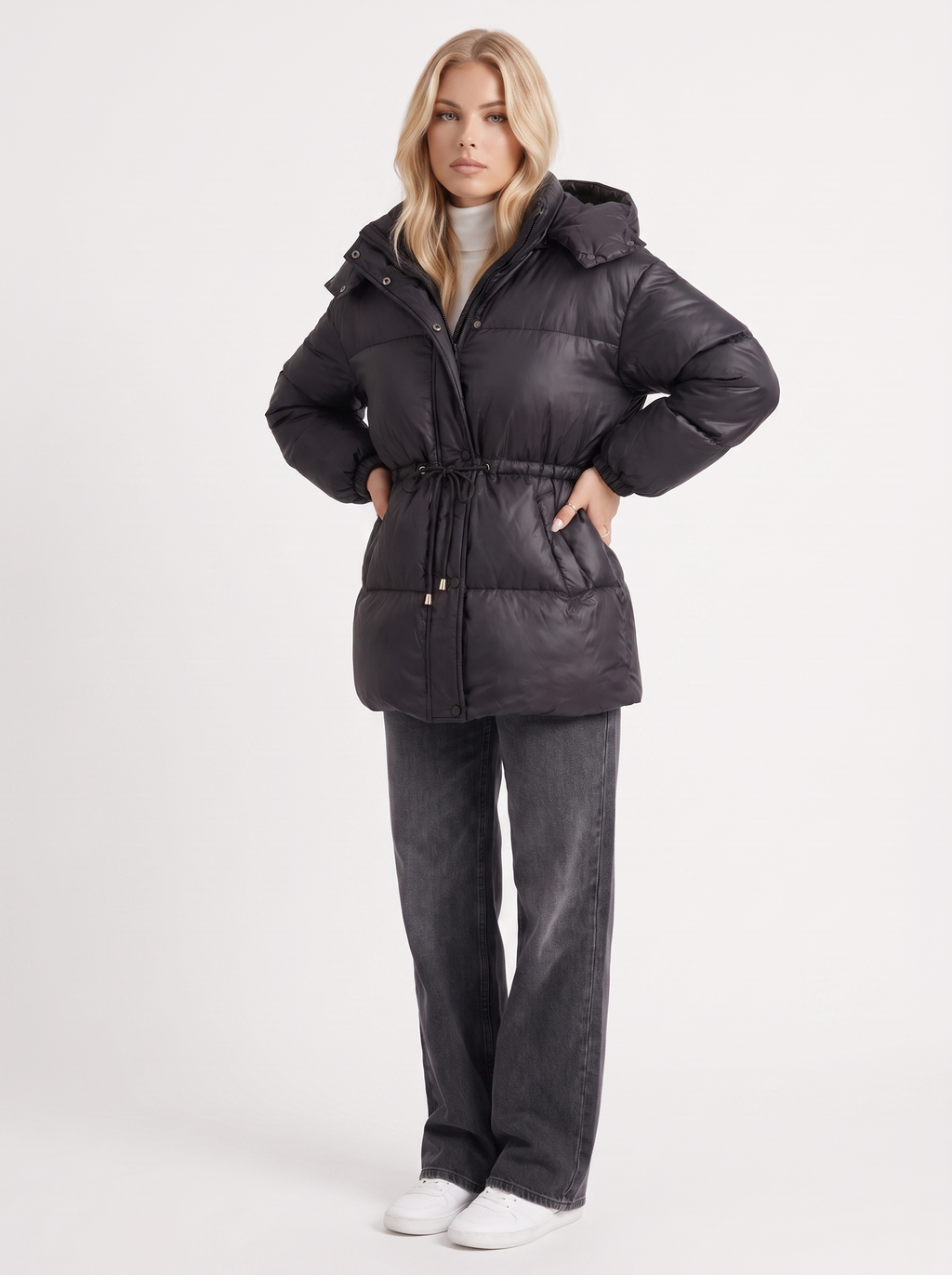 Woman in a brown quilted hooded puffer jacket with drawstring waist - view 21