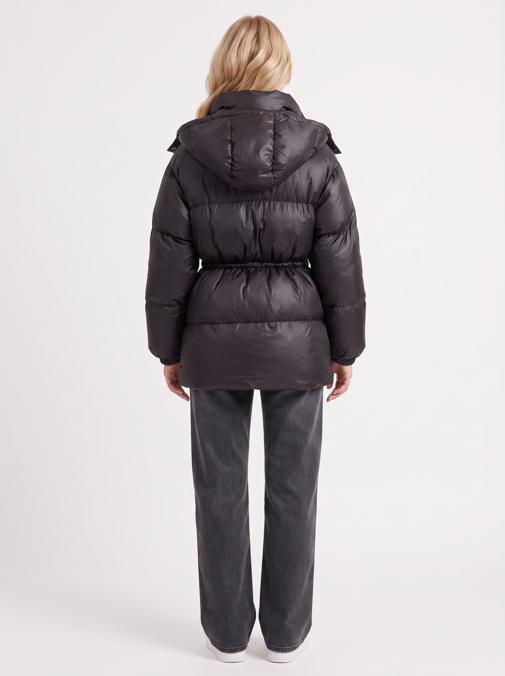 Woman in a brown quilted hooded puffer jacket with drawstring waist - view 23