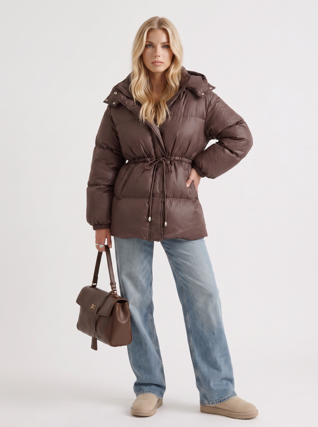Woman in a brown quilted hooded puffer jacket with drawstring waist - view 3