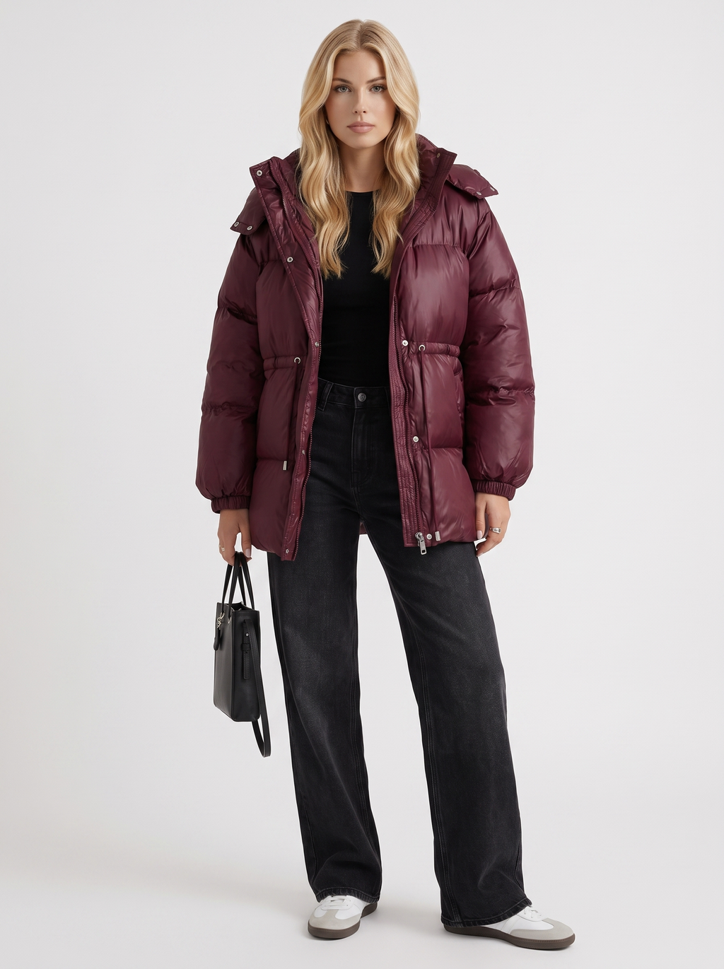 Woman in a brown quilted hooded puffer jacket with drawstring waist - view 8