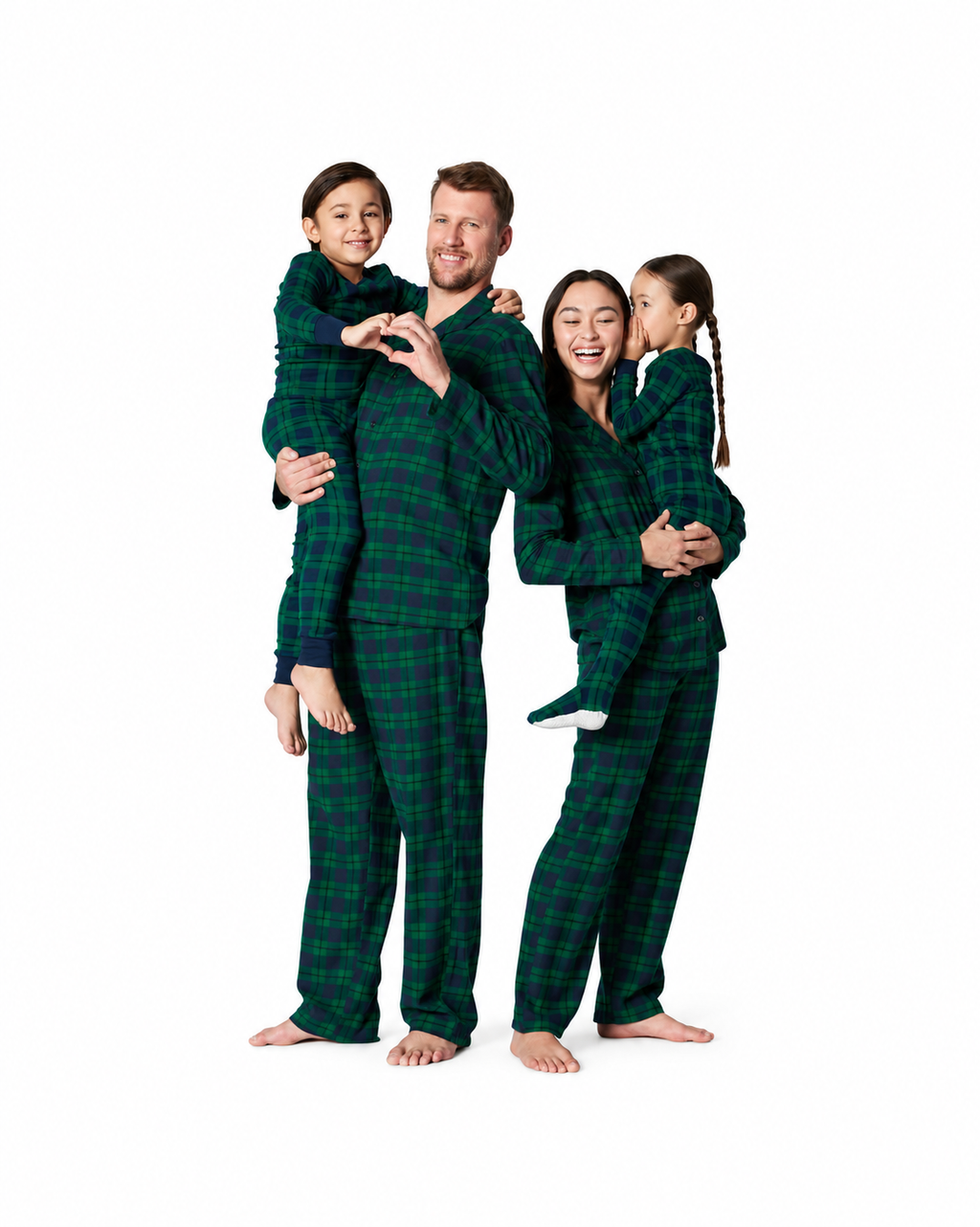 Matching family Christmas pajamas in plaid with collared adult tops and kids crew-neck sets - view 3