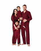 Matching family Christmas pajamas in plaid with collared adult tops and kids crew-neck sets - view 4