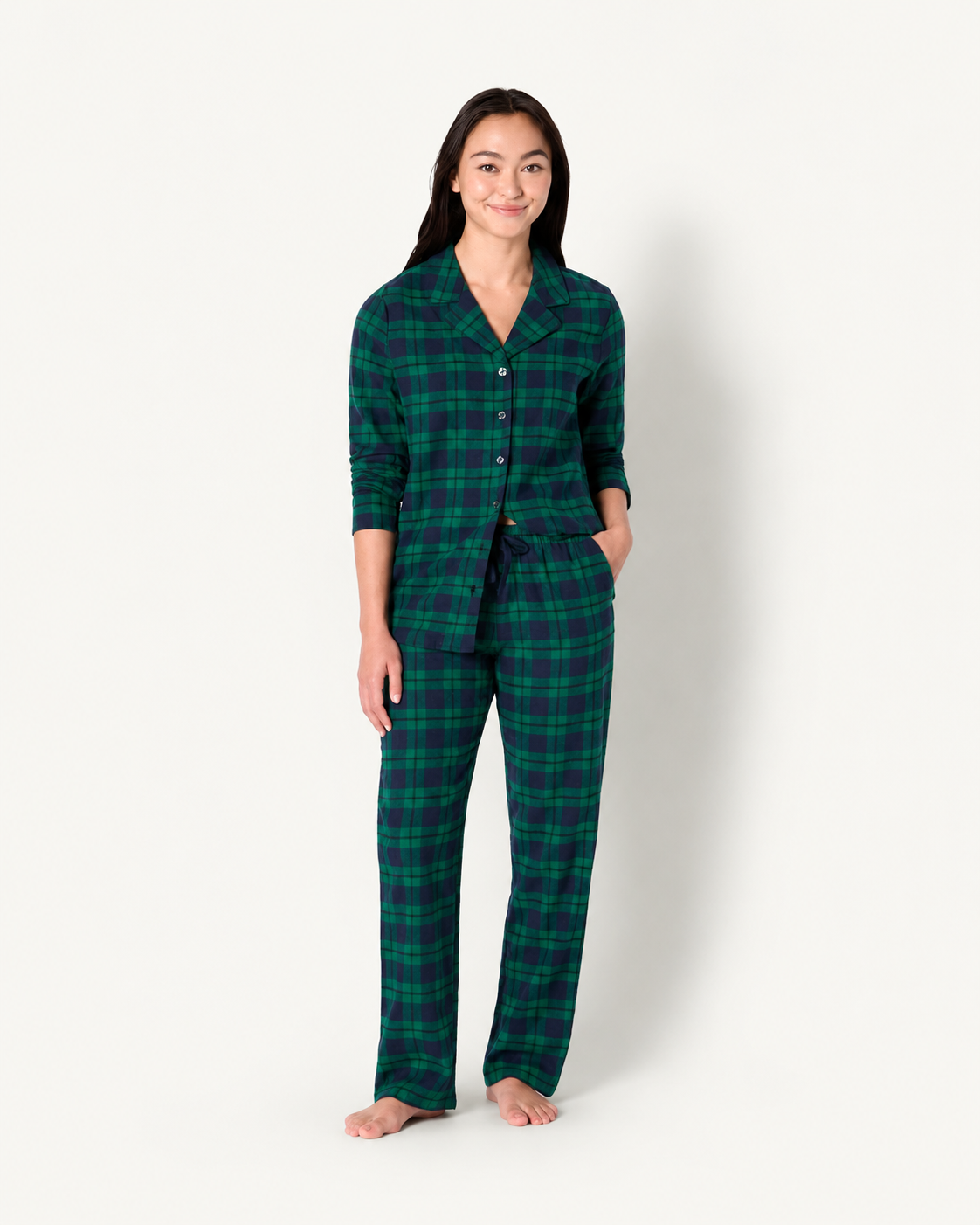 Matching family Christmas pajamas in plaid with collared adult tops and kids crew-neck sets - view 5