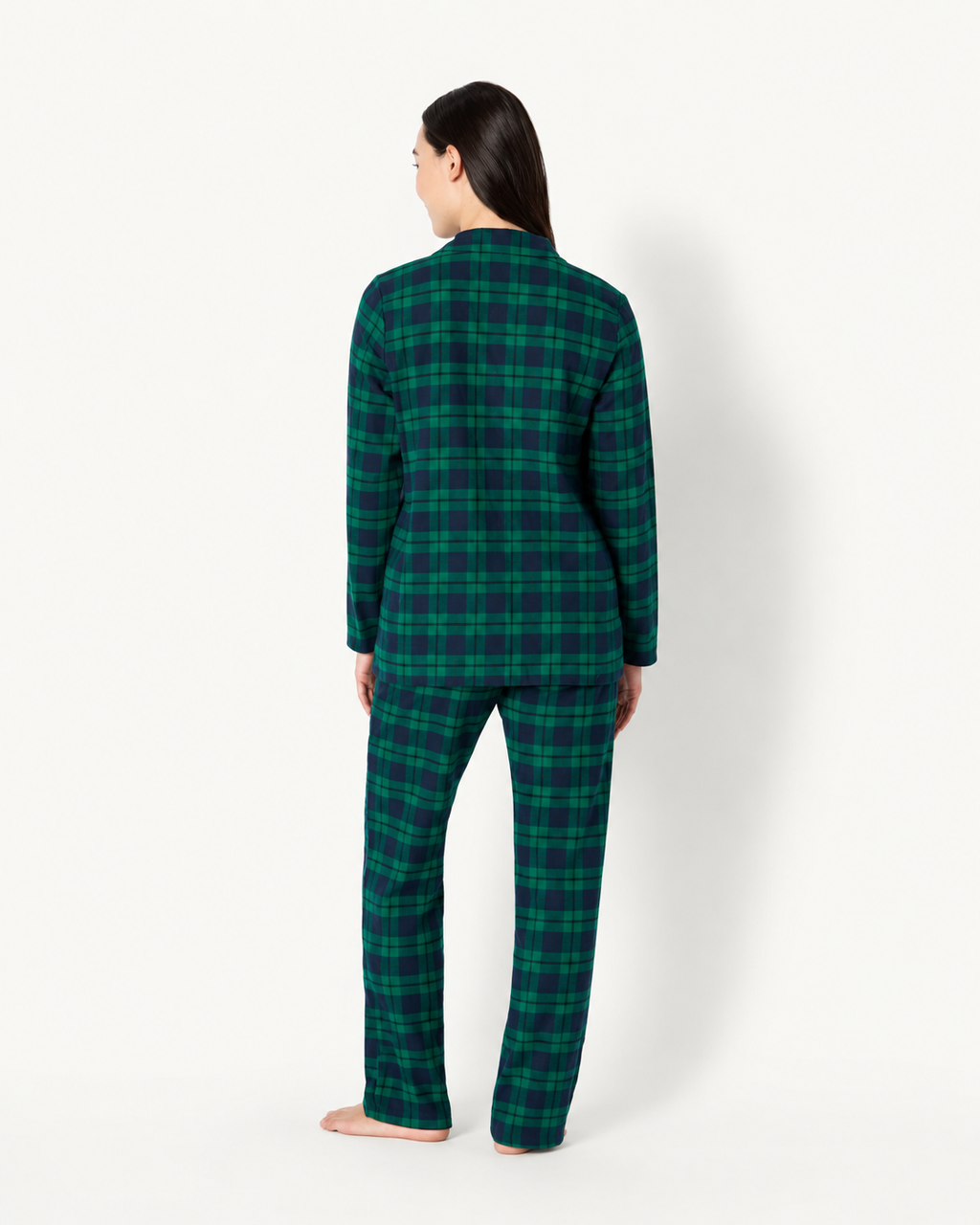 Matching family Christmas pajamas in plaid with collared adult tops and kids crew-neck sets - view 6