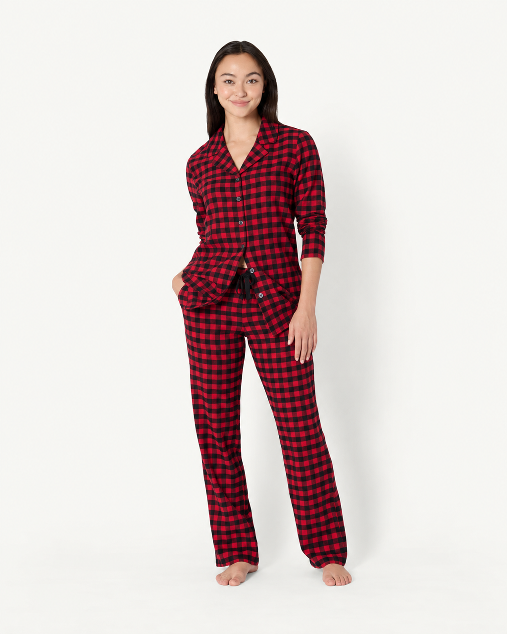 Matching family Christmas pajamas in plaid with collared adult tops and kids crew-neck sets - view 7
