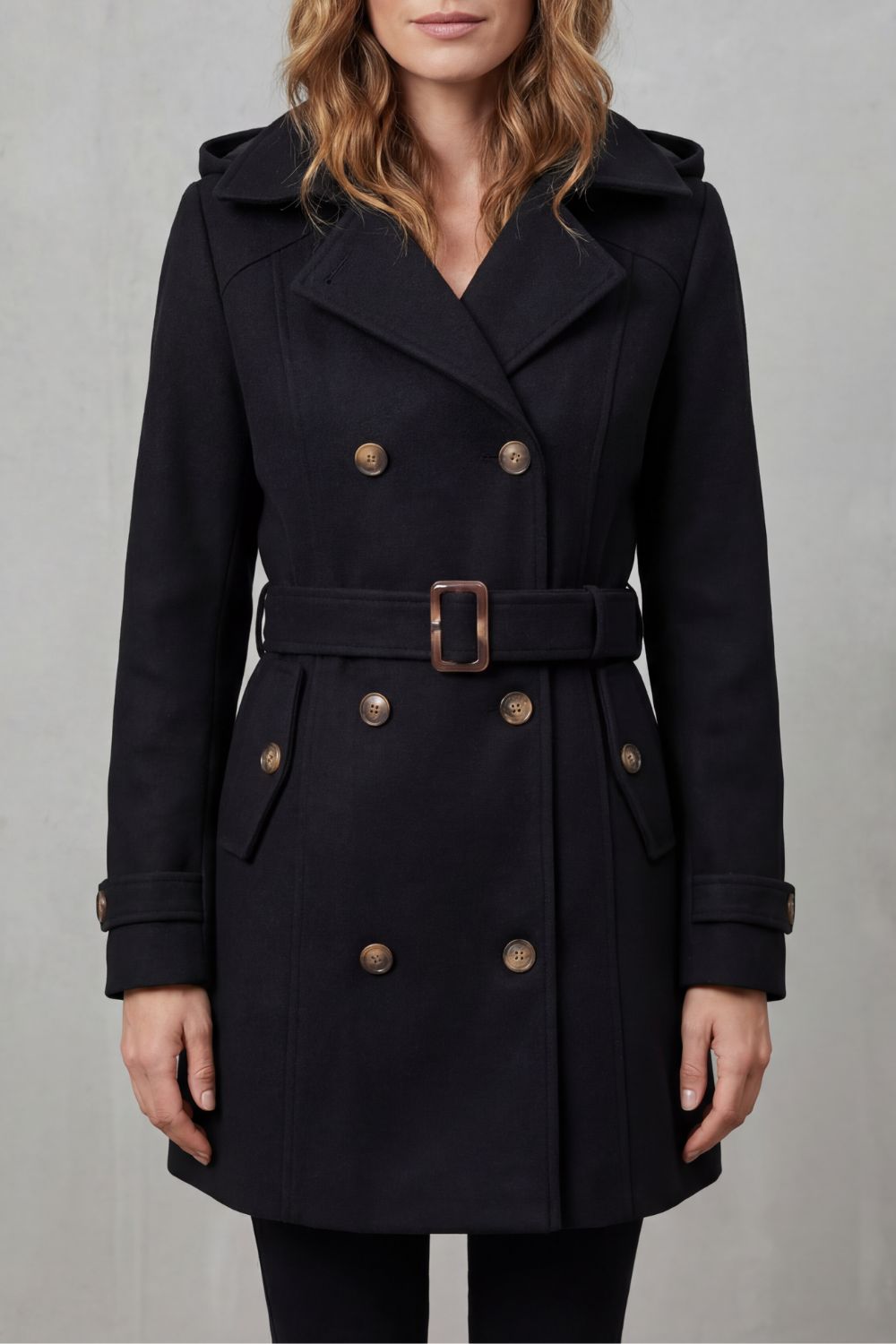 Woman wearing a black hooded double-breasted belted trench coat