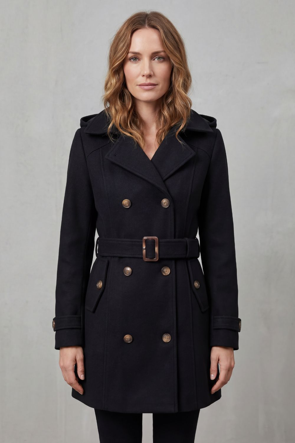 Woman wearing a black hooded double-breasted belted trench coat - view 2