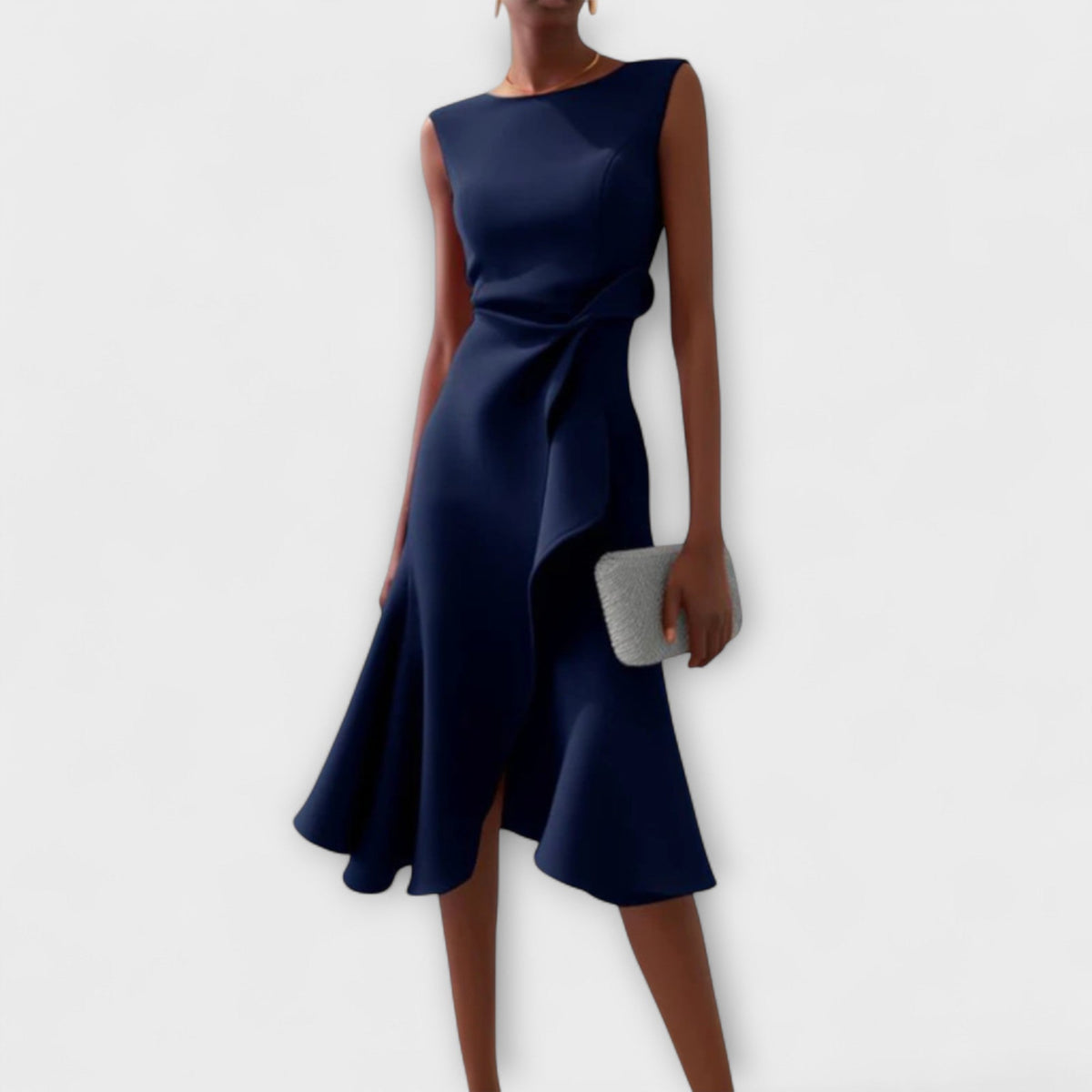 Sleeveless holiday midi dress with twisted waist and cascading ruffle - view 2