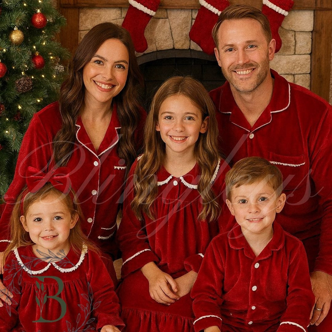 Red velvet matching family Christmas pajamas with white trim