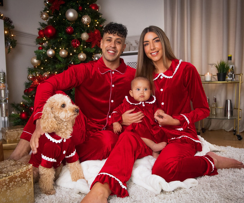 Red velvet matching family Christmas pajamas with white trim - view 2