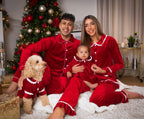 Red velvet matching family Christmas pajamas with white trim - view 2