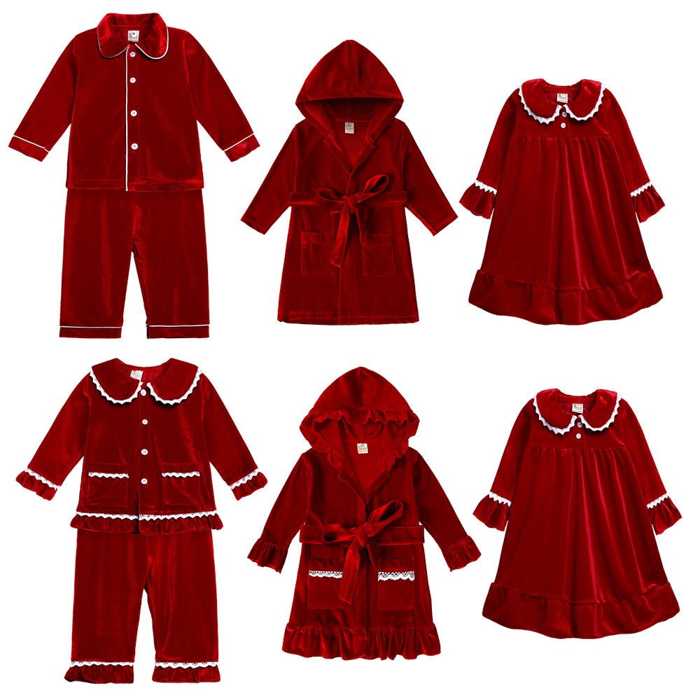 Red velvet matching family Christmas pajamas with white trim - view 3