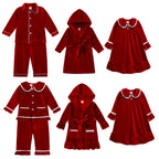 Red velvet matching family Christmas pajamas with white trim - view 3