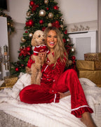 Red velvet matching family Christmas pajamas with white trim - view 4